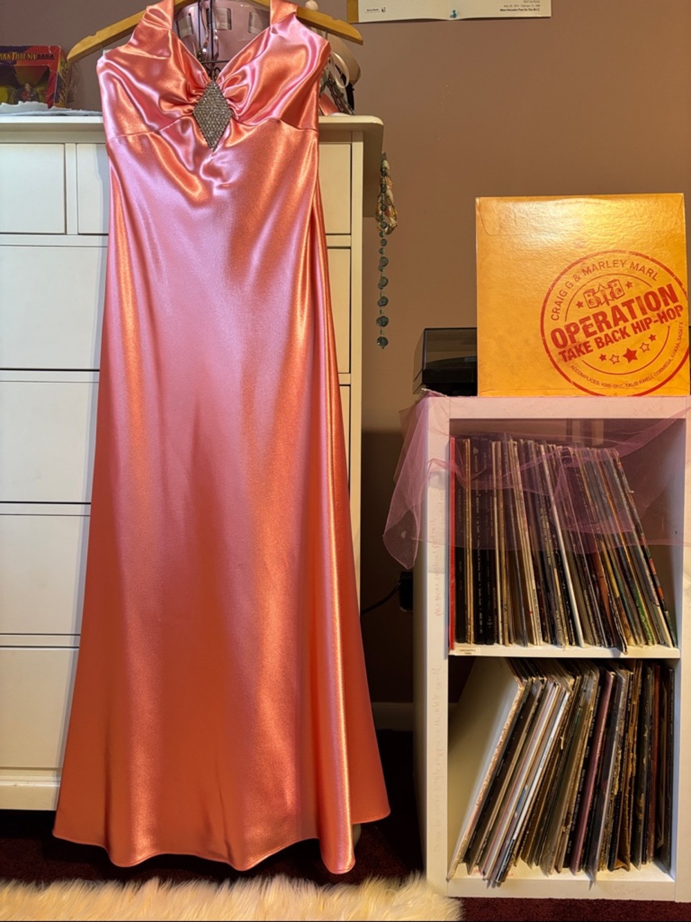 Vintage Y2K Jessica McClintock Halter Maxi Dress Gown Satin Babydoll Gala Pink S